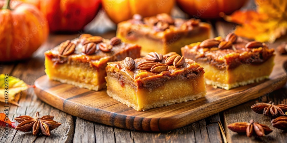 Pumpkin Pie Bars with Pecan Topping and Star Anise on Wooden Cutting Board Pumpkin Pie Bars with Pecan Topping and Star Anise on Wooden Cutting Board