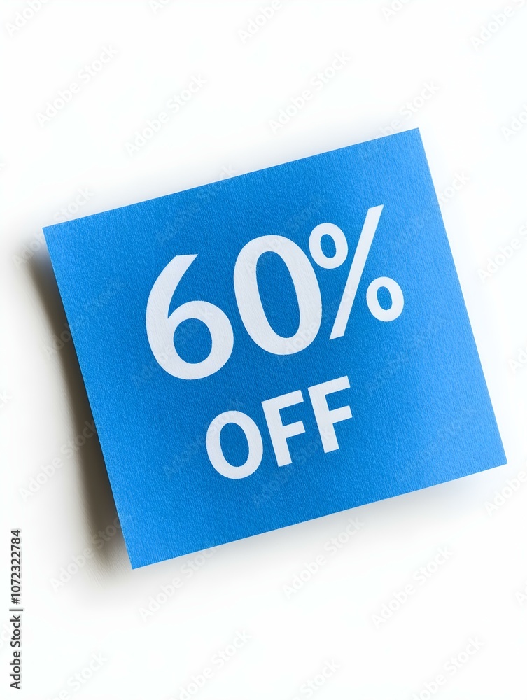 White '60% OFF' Text on a Blue Square Paper Note. White Background White '60% OFF' Text on a Blue Square Paper Note. White Background