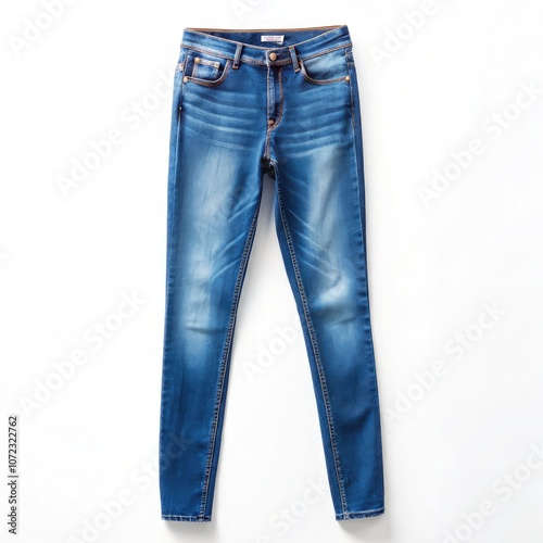 Skinny tight blue jeans displayed on a white background for style assessment. Generative AI