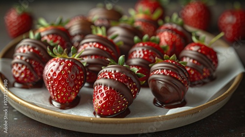 Red strawberries with dark chocolate coating