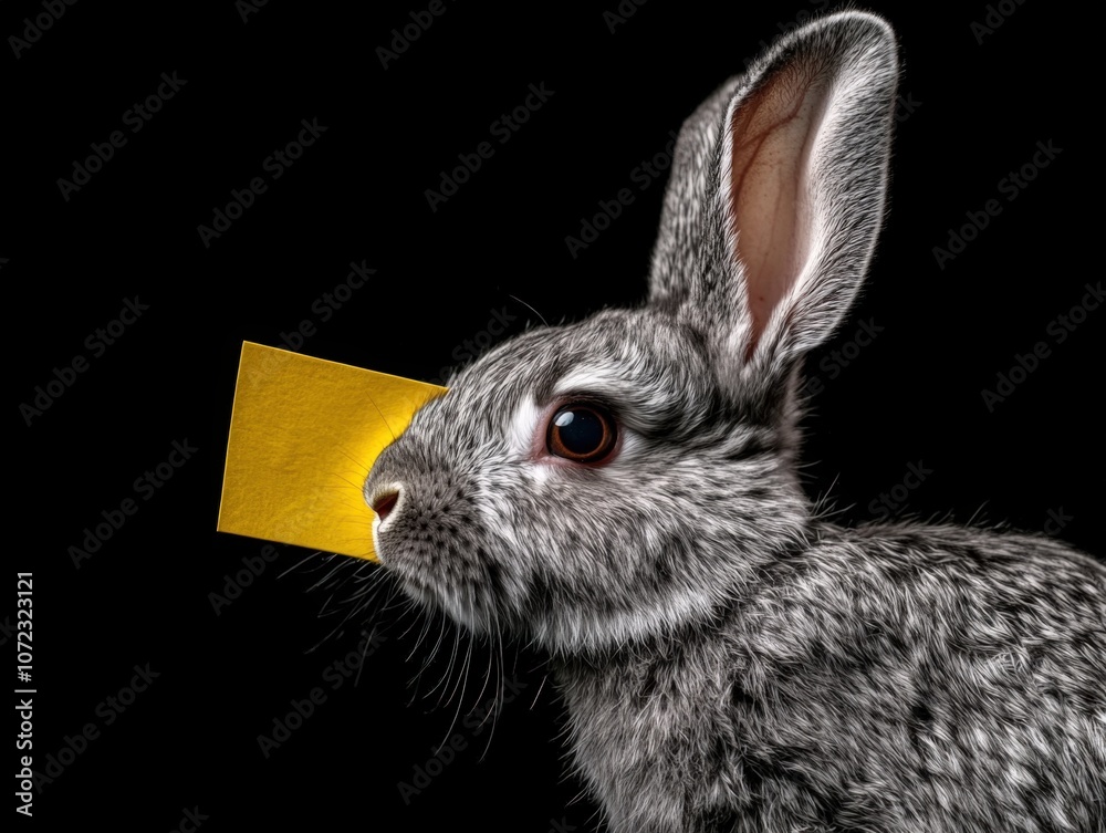 Obraz premium Close-up of a gray rabbit with a yellow note on its face against a dark background