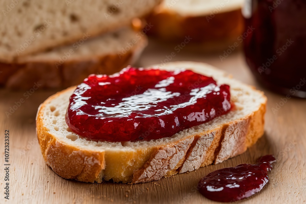 A photo of a slice of bread spread with jam