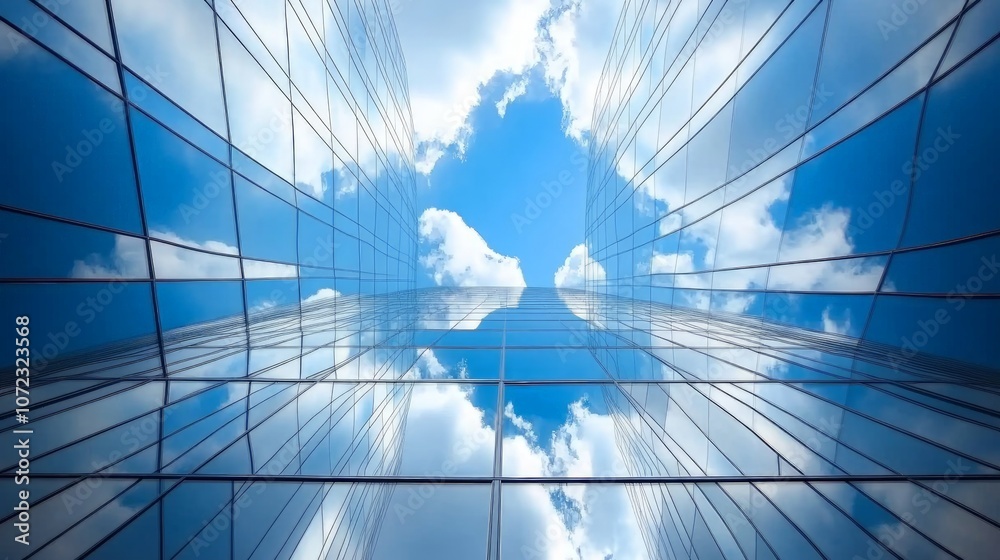 custom made wallpaper toronto digitalReflective Skyscraper Facade, a striking modern building showcases its glass exterior, beautifully reflecting the sky and clouds, an architectural marvel in urban design