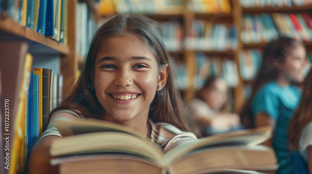 A joyful young girl immersed in reading a book surrounded by colorful library shelves filled with literature during a sunny afternoon A joyful young girl immersed in reading a book surrounded by colorful library shelves filled with literature during a sunny afternoon