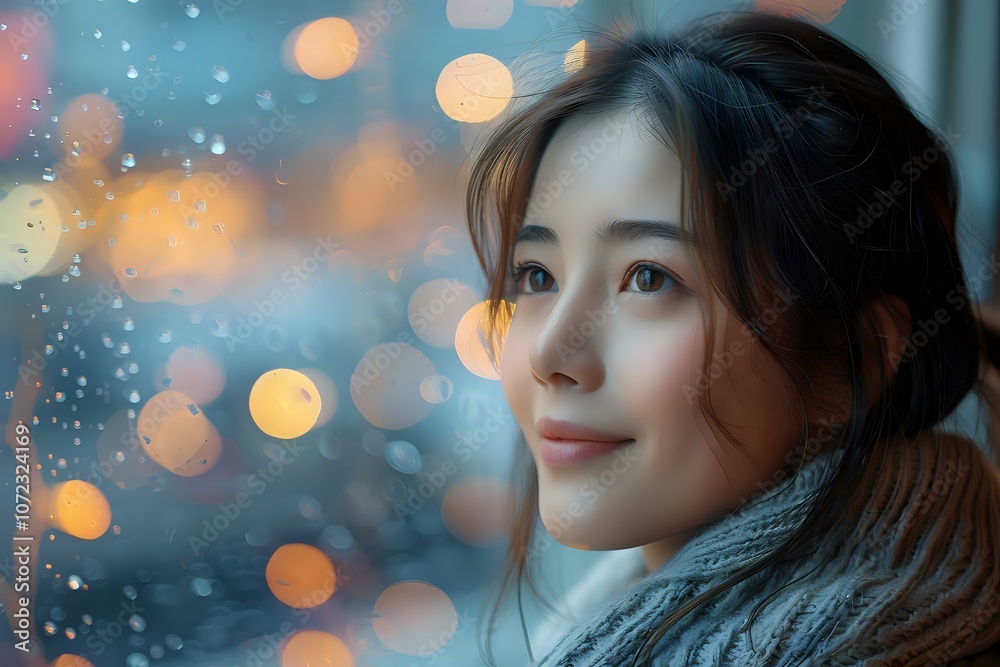 A serene portrait of a young woman gazing out a frosted window, illuminated by warm bokeh lights. Perfect for themes of reflection, winter, and cozy moments. A serene portrait of a young woman gazing out a frosted window, illuminated by warm bokeh lights. Perfect for themes of reflection, winter, and cozy moments.