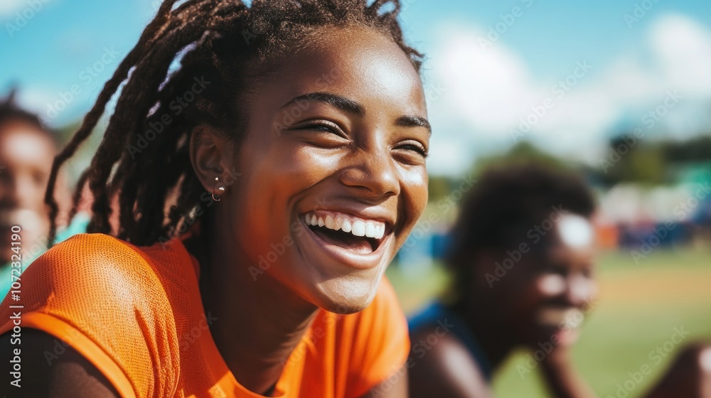 Cheerful Young Woman with Dreads in Orange Shirt Cheerful Young Woman with Dreads in Orange Shirt
