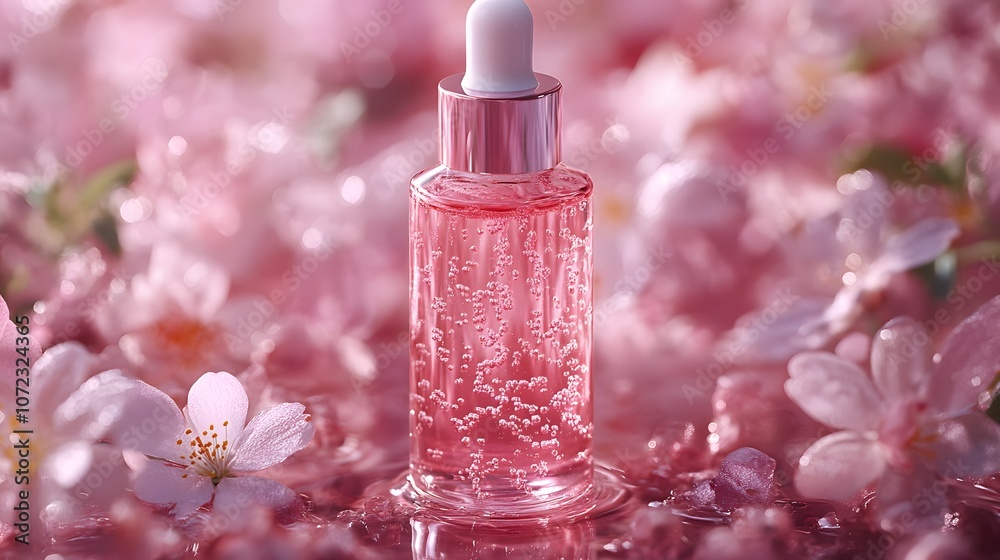 Pink Serum Bottle Surrounded by Cherry Blossoms