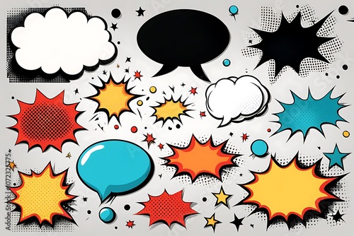 Comic magazine dialogue layout. Comic book grid with popping speech balloons frames, pop art vector template. Funny communication boxes, dialog frames on colorful background, cartoon style