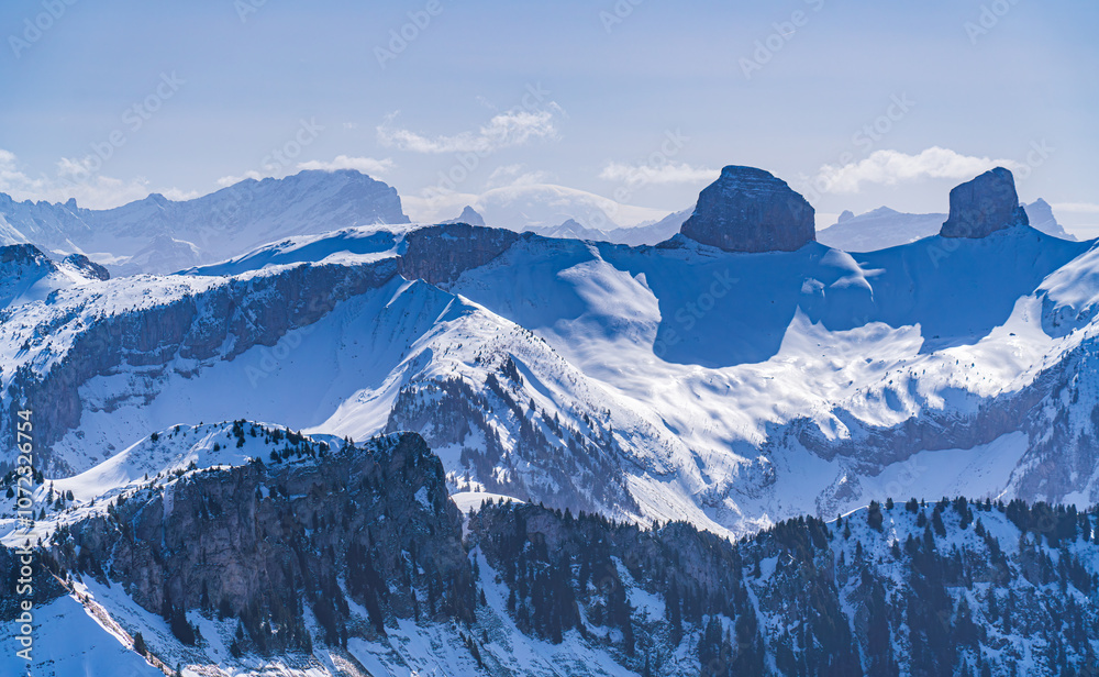 View on winter mpuntains from Rochers-de-Naye peak, Montreux, Alps.