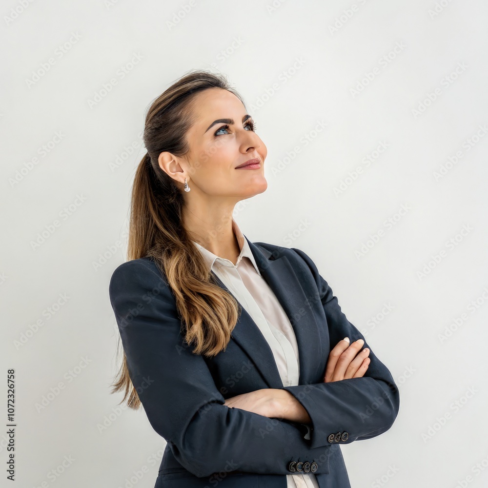 A confident woman stands with her arms crossed, gazing upwards with a reflective expression A confident woman stands with her arms crossed, gazing upwards with a reflective expression