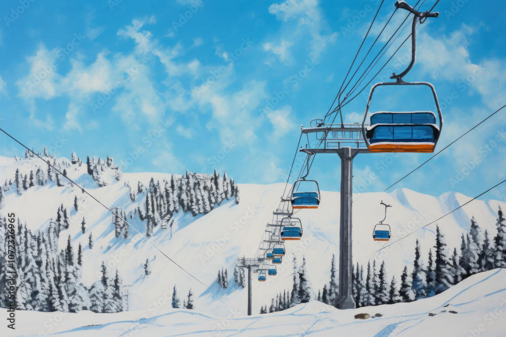 Illustration of a cable car crossing picturesque mountain landscapes, creating an atmosphere of adventure Illustration of a cable car crossing picturesque mountain landscapes, creating an atmosphere of adventure