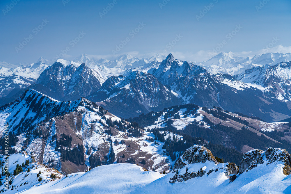 View on winter mpuntains from Rochers-de-Naye peak, Montreux, Alps.