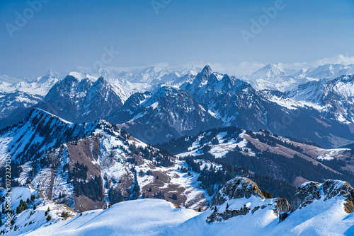 View on winter mpuntains from Rochers-de-Naye peak, Montreux, Alps.