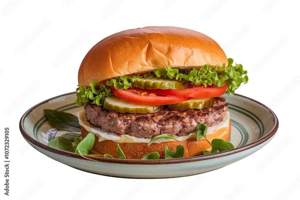 a fresh burger with vegetables and greens on a plate. a fresh burger with vegetables and greens on a plate.