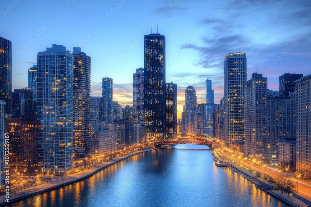 Fototapeta premium City Skyline at Dusk with Illuminated Buildings and Vibrant Sky over Green Park Area Representing Urban Lifestyle and Modern Architecture