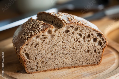a freshly baked loaf of bread with linseed