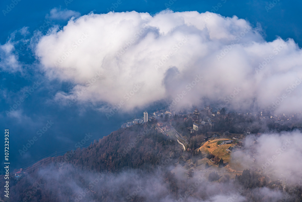 View on winter mpuntains from Rochers-de-Naye peak, Montreux, Alps.