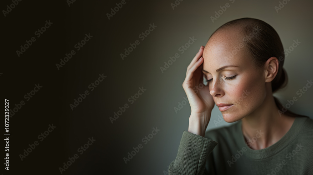 Side profile portrait of person with hair loss in black outfit against dark background, copy space. Banner hair restoration clinic, medical center, trichology practice, research facilitie Side profile portrait of person with hair loss in black outfit against dark background, copy space. Banner hair restoration clinic, medical center, trichology practice, research facilitie
