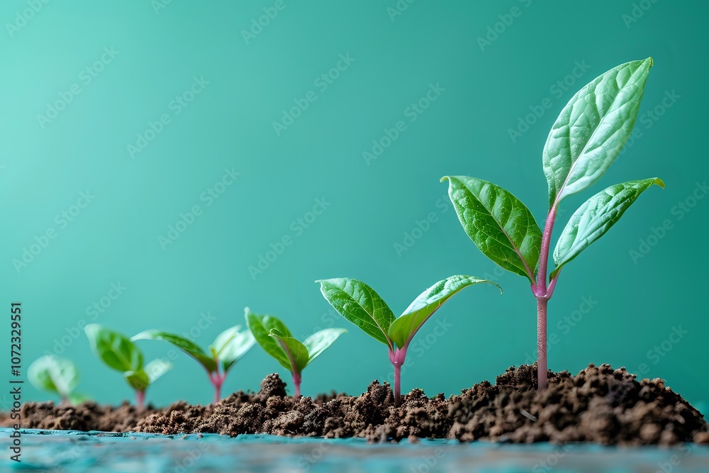 A conceptual image of seedlings at various growth stages in rich soil, set against a vibrant green background. Perfect for themes of growth, sustainability, and nature. A conceptual image of seedlings at various growth stages in rich soil, set against a vibrant green background. Perfect for themes of growth, sustainability, and nature.