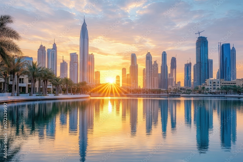 Obraz premium Cityscape at Sunrise with Skyscrapers Reflecting in Calm Water, Highlighting Urban Beauty and Modern Architecture