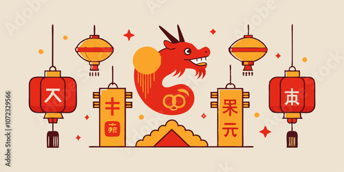 Generative AI A simple celebration yet unique vector design for Chinese New Year, featuring a minimalist lantern and a sleek, stylized dragon. The design uses bold red and gold hue