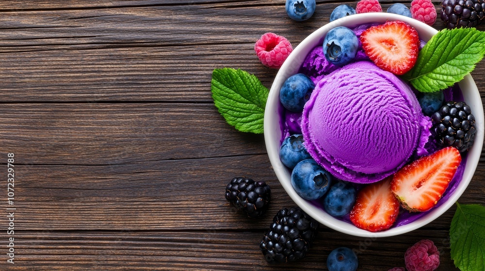 Colorful Ice Cream with Fresh Berries and Mint Leaves Colorful Ice Cream with Fresh Berries and Mint Leaves