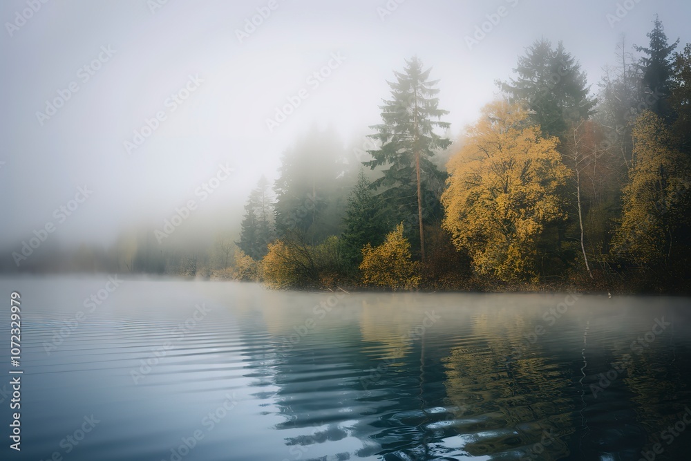 foggy mountains with a calm lake reflecting the scene foggy mountains with a calm lake reflecting the scene