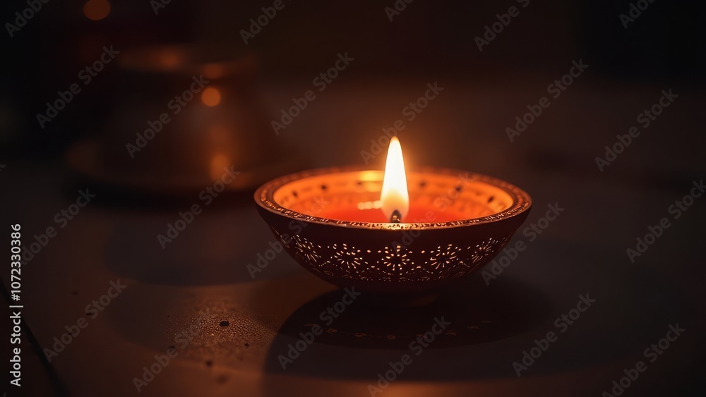 Illuminated diya lamp casting warm glow in dark ambiance Illuminated diya lamp casting warm glow in dark ambiance