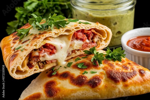 A photo of a delectable calzone cut in half to reveal its stuffed interior.