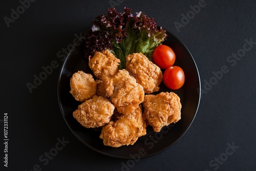 a plate with golden-brown, crispy Battered Chicken Chunks. photo