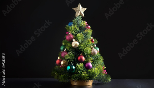 Christmas tree with colorful decorations, isolated on a dark black