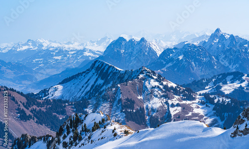 View on winter mpuntains from Rochers-de-Naye peak, Montreux, Alps.
