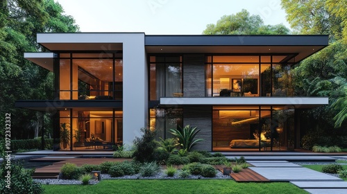 Modern house with large windows, surrounded by greenery.
