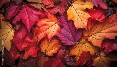 Wallpaper background fall leaves in shades of red and orange arranged in a random pattern for fall autumn thanksgiving gardening