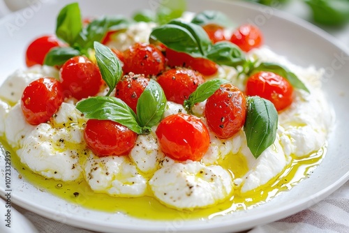 Fresh Burrata Salad with Cherry Tomatoes, Basil, and Olive Oil, Perfect for Concepts of Italian Cuisine, Fresh Ingredients, and Gourmet Appetizers