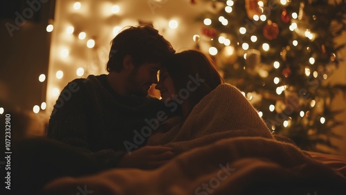 Romantic couple enjoying a quiet Christmas side by side, sharing smiles and warmth