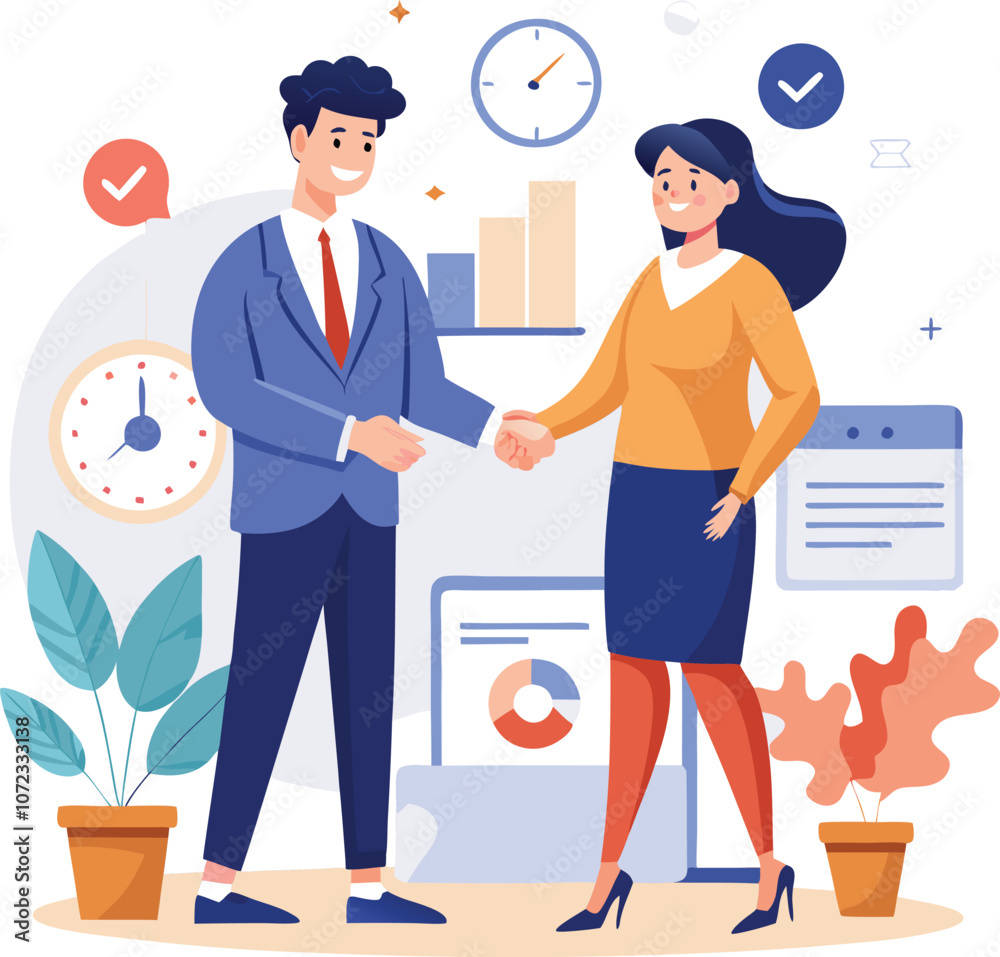 People shaking hands at work - Two businesspeople, man and woman doing handshake in office at work while smiling over business agreement and deal. Flat design stock illustration on white background People shaking hands at work - Two businesspeople, man and woman doing handshake in office at work while smiling over business agreement and deal. Flat design stock illustration on white background