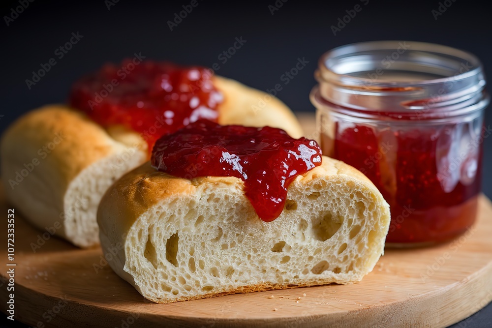 a freshly baked bread roll with a glossy red jam topping. a freshly baked bread roll with a glossy red jam topping.