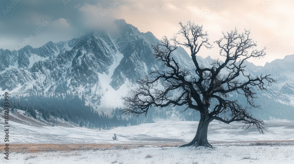 Barren dead tree silhouetted against a backdrop of snow-covered mountains in winter, evoking solitude and nature's resilience Barren dead tree silhouetted against a backdrop of snow-covered mountains in winter, evoking solitude and nature's resilience