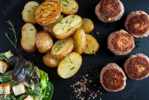 A photo of fried potatoes with meatballs and a Caesar salad