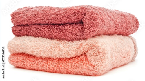 Soft, fluffy towels in shades of coral and peach, neatly folded, perfect for home or spa settings.