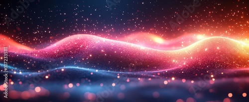 dynamic abstract background featuring glowing neon wave lines in pink and blue hues moving at high speed through a sea of bokeh lights creating a futuristic feel photo