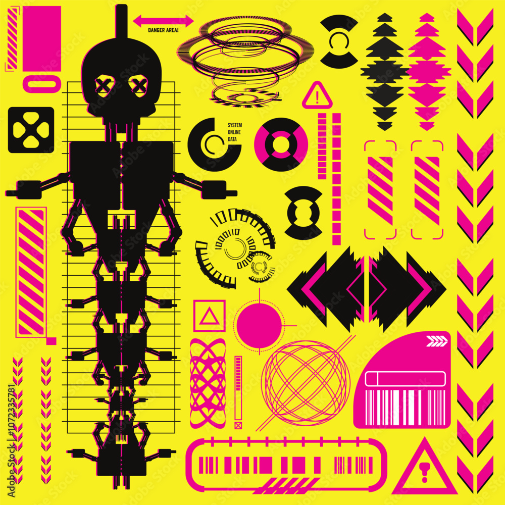 cyberpunk scifi gaming futuristic icon pattern HUD ux ui set collection template, 2d illustration rendering vector element