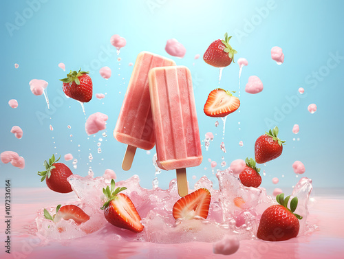 Floating Ice Cream Popsicles and Strawberries in a Dreamy Summer Scene photo