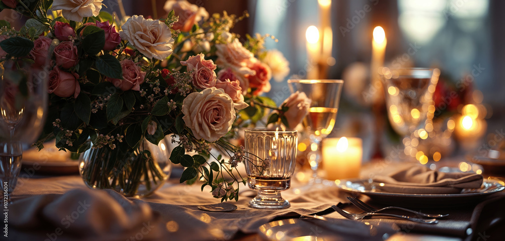 Elegant wedding table setting with pink rose centerpiece and candlelight, romantic dinner setup with crystal glasses and fine tableware in warm ambient lighting Elegant wedding table setting with pink rose centerpiece and candlelight, romantic dinner setup with crystal glasses and fine tableware in warm ambient lighting