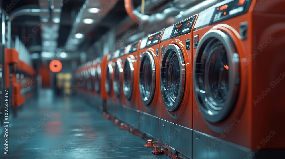 Row of industrial laundry machine of public laundry for retail business concept. Created with Generative AI Row of industrial laundry machine of public laundry for retail business concept. Created with Generative AI
