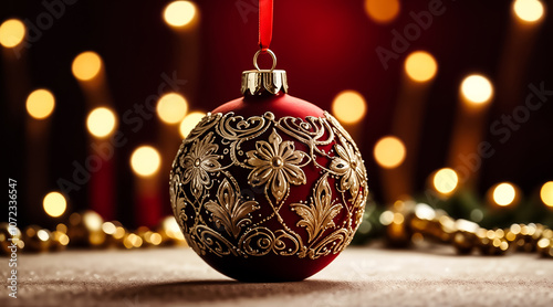 a red ornament with a red ribbon on it is decorated with Christmas lights.