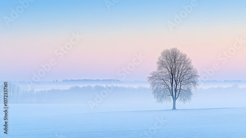 Fototapeta Naklejka Na Ścianę i Meble -  Serene winter landscape with lone tree in snowy field