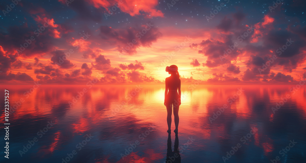 Outfitted with a VR headset, an individual is positioned in a dynamic room filled with projected sunset visuals, fully submerged in the mesmerizing digital experience. Outfitted with a VR headset, an individual is positioned in a dynamic room filled with projected sunset visuals, fully submerged in the mesmerizing digital experience.