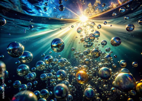 Stunning Underwater Scene of Shiny Air Bubbles Rising Illuminated by Light Rays, Capturing the Beauty of Oxygen Bubbles in a Dark Liquid Background During Water Aeration photo